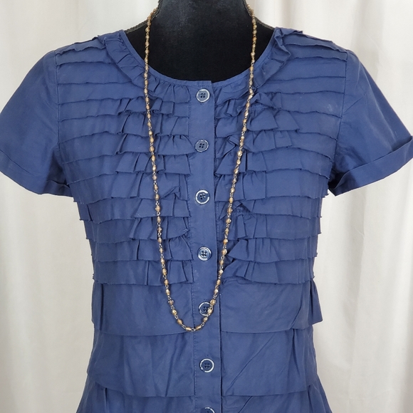 ♤ J Crew Button Front Crew Neck Short Sleeve Blue Ruffled Dress Size 2 - Picture 3 of 7